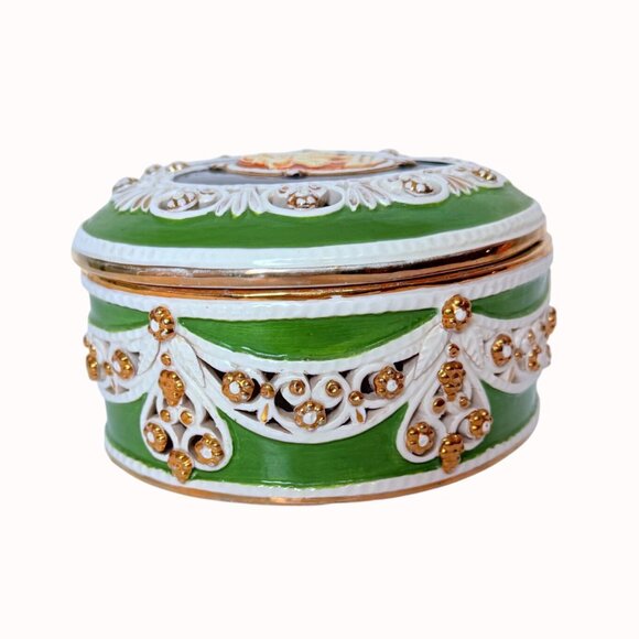 Italian Romantic Cameo Trinket Box Heart Shape Pierced Porcelain Jewelry Storage - Picture 9 of 16